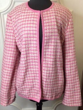 Pink Plaid Tweed Open Front Jacket Size 14